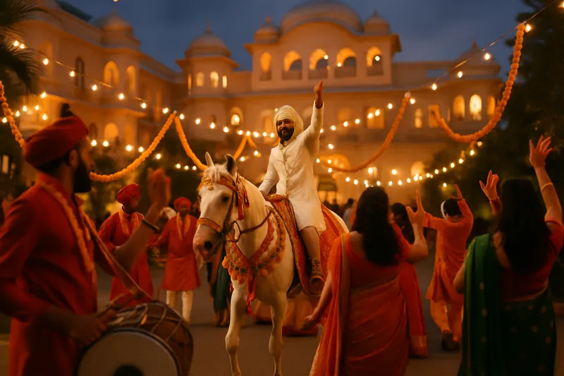 A groom on a decorated white horse leading a dancing baraat procession with dhol players at dusk