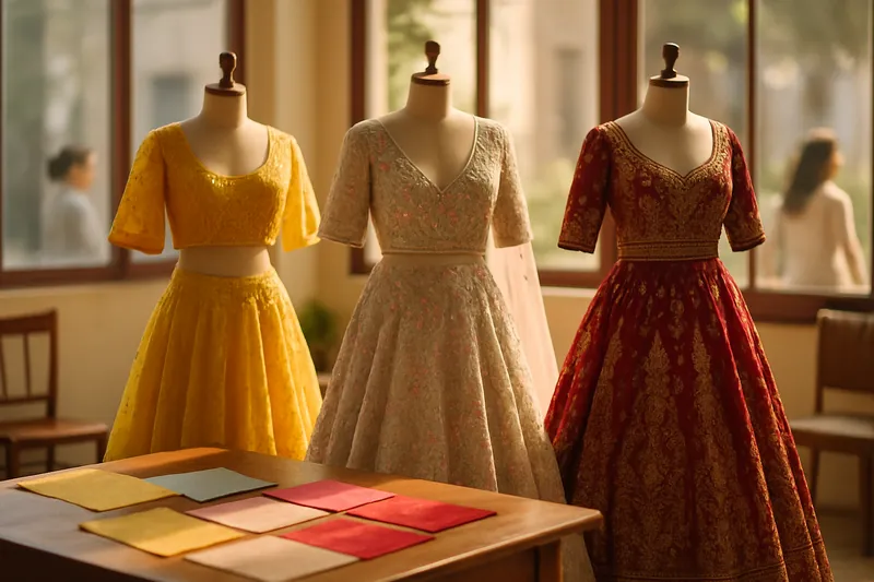 Three bridal outfits for haldi, sangeet and the wedding displayed in a sunlit atelier