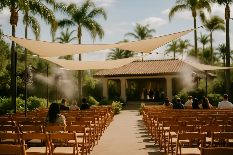 A wedding courtyard with shade sails, misting fans and a covered pavilion