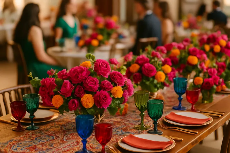 A jewel-toned reception tablescape with fuchsia, saffron and emerald florals