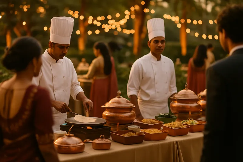 Chefs at live regional South Asian food stations with copper serving dishes