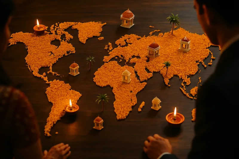 A world map made of marigold petals with small mandaps and diyas