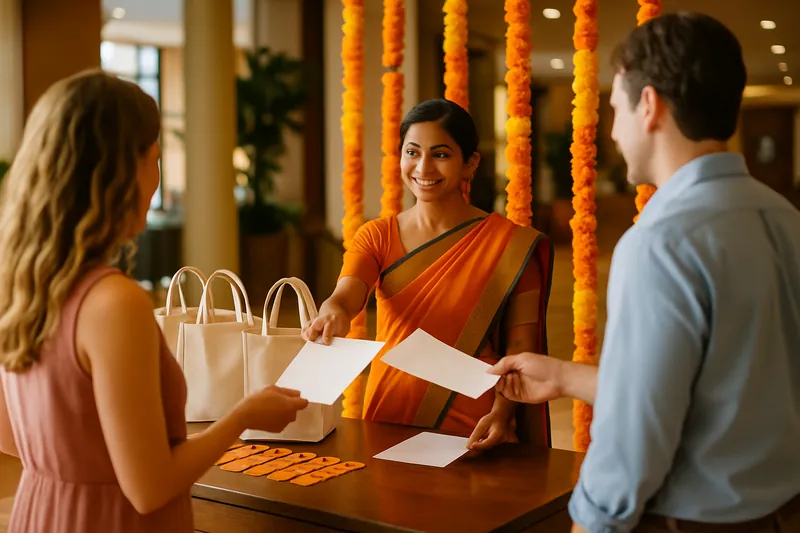 A coordinator in a sari handing itineraries to guests at a destination wedding welcome desk