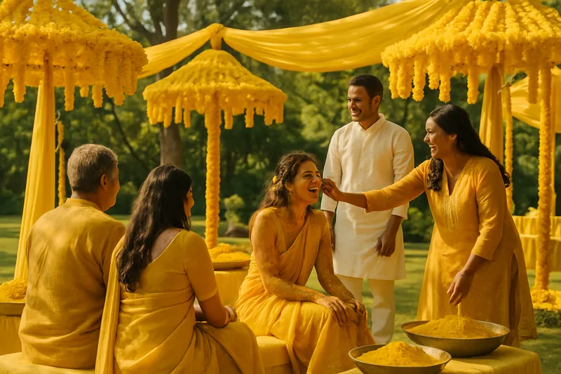A daytime haldi celebration in a garden with yellow flower canopies