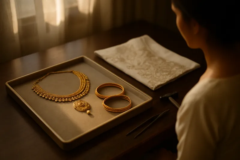 Heirloom gold jewellery on a velvet tray beside a jeweller at work