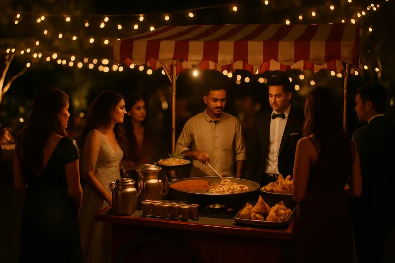 Guests in party outfits around a late-night street food cart at a reception