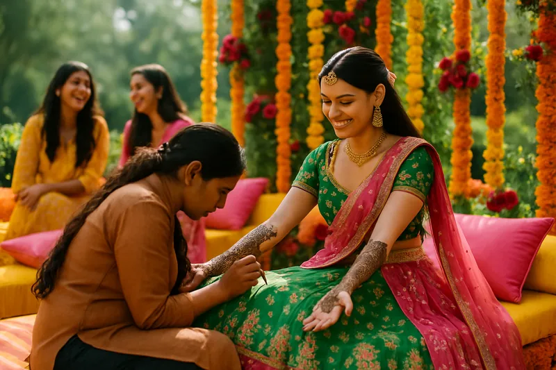 A bride in a green and pink lehenga having henna applied at a colourful mehndi afternoon