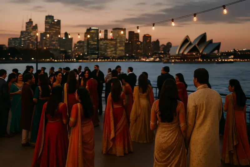 Guests in festive outfits at a waterfront reception in Sydney at dusk