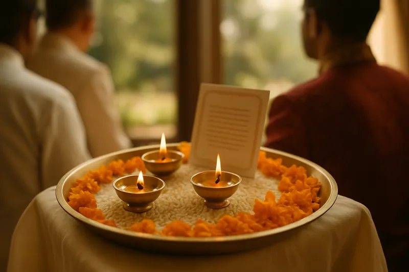 A brass ritual plate with diyas, rice and marigold petals beside a card explaining the ritual