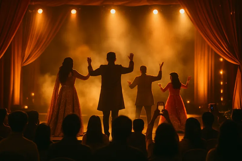 A family dance group performing on a lit sangeet stage seen from the audience