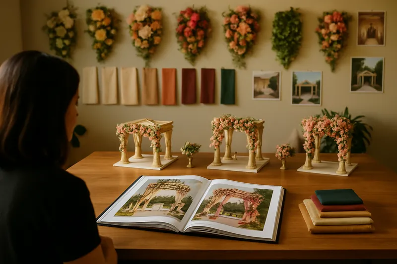 A decor specialist studio with mandap scale models, florals and fabric samples