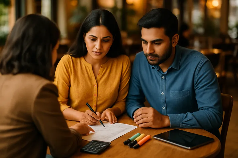 A South Asian couple reviewing an itemised wedding proposal with their planner