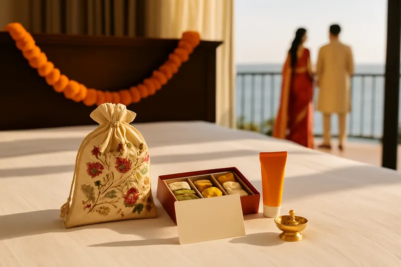 A welcome pouch, mithai box and brass diya on a hotel bed with a sea-view balcony